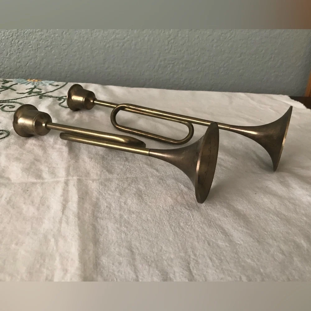 vtg pair of solid brass trumpet candel holders made in taiwan